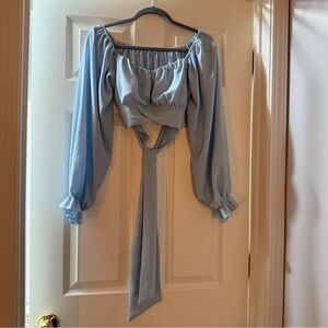 Petal & Pup Blue Off-Shoulder Chiffon Crop Top | Y2K Romantic Long Sleeve Blouse